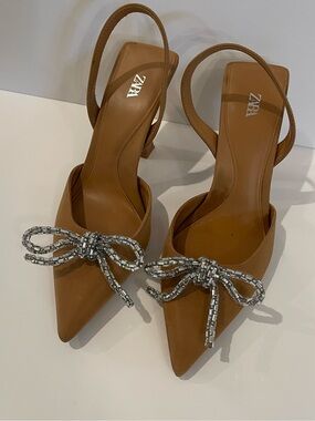 Zara Brown Pointed Slingback Heels with Crystal Bow Detail